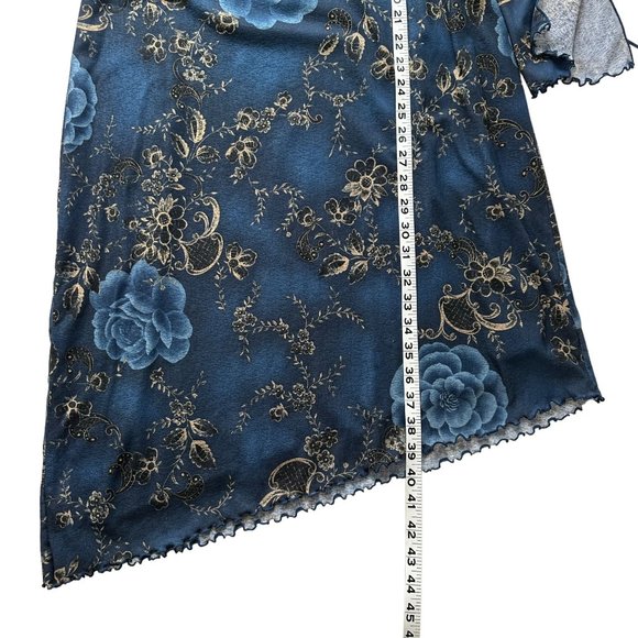 Vintage Y2K 90s Expressions MEDIUM Blue Floral Lettuce Hem V-Neck Midi Dress - Picture 11 of 11